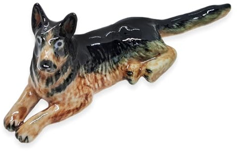 WitnyStore Dekofigur Deutscher Schäferhund, ca. 9,9 cm, lang, braun/schwarz, liegend, Miniatur, handbemalt, Keramik, Elsässer Hunde, Welpen, Hunde, Tiere, Porzellan, dekorative Sammlerstücke,