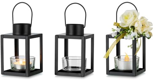 Romadedi Kleine Teelicht Laterne Schwarz - 2er Set Mini Kerzen Laterne Metall Deko für Outdoor Draußen Weihnachten Tischdeko Hängend Ramadan Hochzeit Balkon