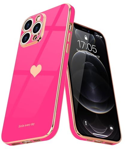 Teageo for iPhone 12 Pro Max Case Cute Heart Pattern for Women Girls Slim Luxury Bling Plating Soft TPU Anti-Scratch Shockproof Bumper Phone Case for iPhone 12 Pro Max, Hot Pink