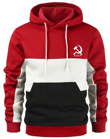 ERWAAD Herren Patchwork Hoodie Für CCCP Druck Color Block Hooded Sweatshirt Langärmelige Patchwork-Oberteile Leichter Kapuzenpulli Sportliche Arbeitspullover Tops Mit Taschen-Red||XL
