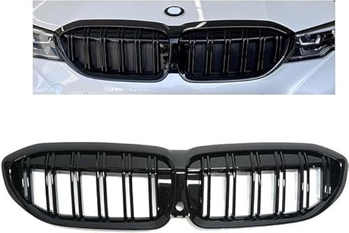 Auto Kühlergrill für BMW 3er G20 G21 G28 2019-2021, Grill Schwarz Glänzend Doppel-Lamellen Grill Front Doppel Rippen Grill Kühlergrill Links Rech