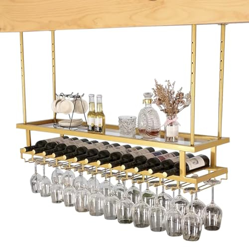 whalebee Support De Verres À Pied, Porte-Bouteilles Et Porte-Verre 60cm-200cm Porte-Verres Etagère en Acrylique, Étagère Suspendue Hauteur Réglable, Gain De Place Or Porte-Verres