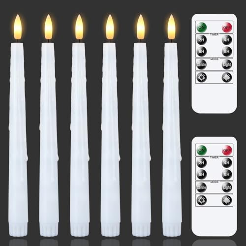 Zevanor Flameless White Remote 2cm x 24.5cm Taper LED Candles with Timer and Dripping Wax, Plastic Set of 6 Battery Operated Flickering Fake Tall Window 3D Wick Candlesticks for Wedding and Home