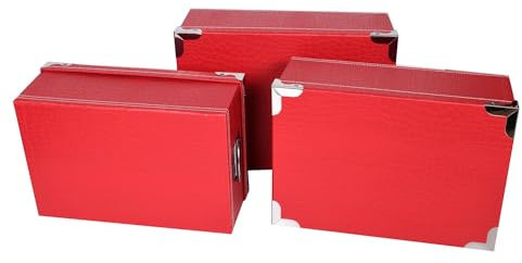 Lote de 3 cajas de almacenamiento grandes de cartón rojo con tapa, esquinas y asas de metal. Tamaño: 38 x 26,5 x 14, 40 x 28,5 x 15, 42 x 30 x 16 cm