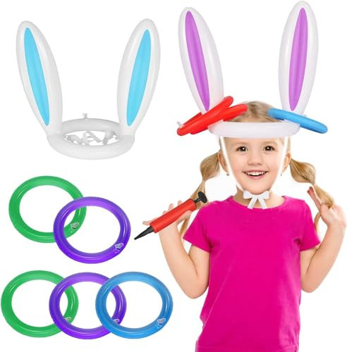 Aufblasbare Ringwurfspiel, 2 Sets Ringwurfspiel Hut, Osterhase Aufblasbar, (2 Aufblasbare Hasenohren und 8 Ringe) Perfekt für Osterparty, Familienspiele und Spiele im Freie