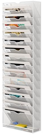 Senhoglb 16 Fächer Hanging File Organizer Zeitungshalter Wand Metall A4 Dokumentenablage Hängeregister Zeitschriftenständer Flyerhalter Prospektspender mit 15 Fächern und 1 Tablett, Weiß