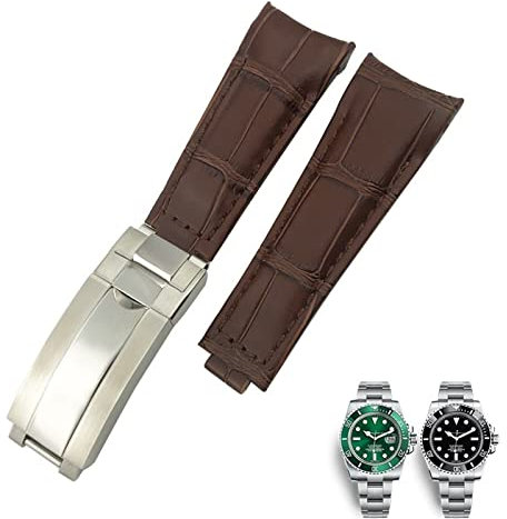 PURYN 20 mm Uhrenarmband mit gebogenem Ende, Lederarmband, passend für Rolex 116610 Submariner Oyster GMT Daytona Slide Lock Schnalle Rindsleder Armbänder, 20mm-Gold Buckle, Achat
