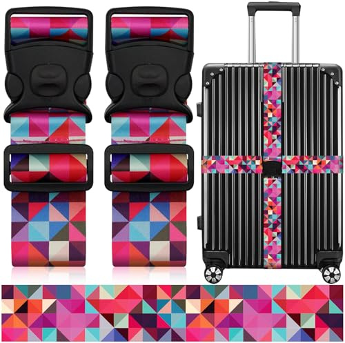 2 Pack Luggage Straps for Suitcases, Adjustable Travel Belt with Double Lock and Quick Release Buckle, Heavy Duty Nylon Bag Packing Strap, Bright Identifiers Business Travel Accessories-Colorful Block
