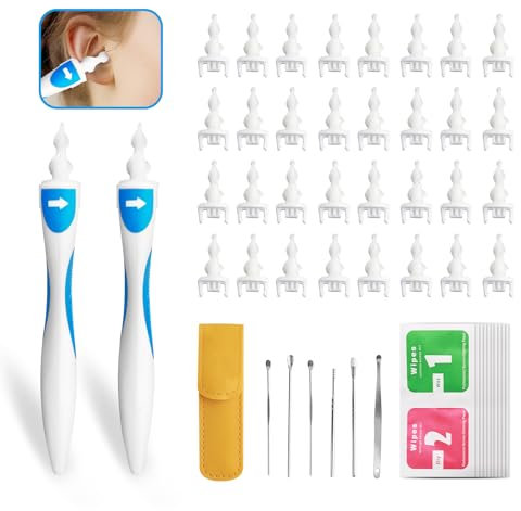 2 Stück Spirale Silikon Intelligentes Ohrenschmalz Entferner, Sicheres und Weiches 360 Grad Spirale Silikon, Upgrade Ohrreiniger mit 32 Ersatzköpfen, Ear Cleaning Kit für Kinder Erwachsen