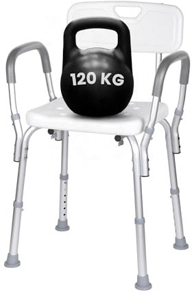 Ortopal Sedia da Doccia per Anziani, Altezza Regolabile 41–53 cm, Struttura in Alluminio, Schienale e Braccioli Estraibili, Puntali Antiscivolo – Peso Massimo 120 kg - Dimensione Seduta 40x33cm