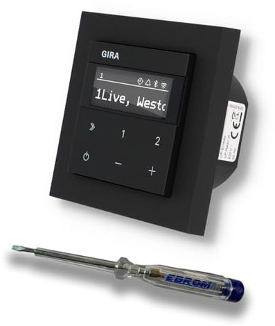Gira Unterputz IP Internetradio 232003 + Bluetooth - E2 schwarz matt mit 1fach Rahmen Gira 021109 inkl. EBROM Phasenprüfer zur Montage des Geräts