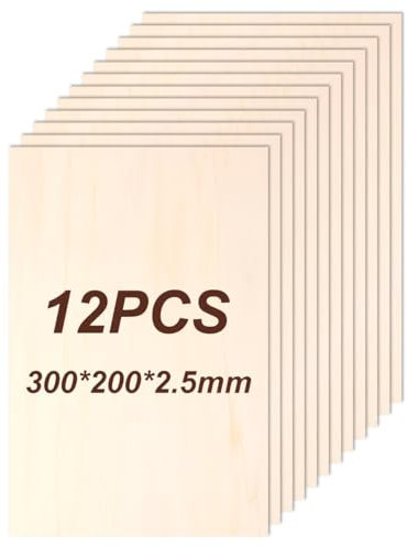 Philorn Fogli di legno di tiglio, 30,5 x 20,3 x 0,3 cm, confezione da 12 fogli di compensato da 2,5 mm non finiti per taglio e incisione laser, artigianato, modelli architettonici, combustione del