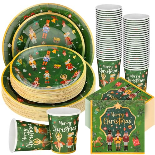 FoldTier 200 Pcs Rosh Hashanah Party Tableware Set Sukkot Christmas Tableware Set Includes Paper Plates Dessert Plates Cups and Napkins for Party Decoration Serves 50 Guests (Green,Nutcracker)