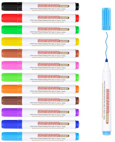 Autoau Whiteboard Marker - Whiteboard Stifte Abwischbar 12 Farben Wasserlöslicher Folienstift Abwischbar, White Board Marker Pens für Lehrer Zubehör Schule Zuhause Büro - Rundspitze 2-3mm