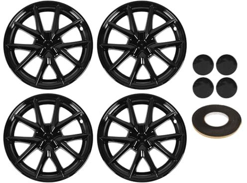 XTevu 4PCS Wheel Hub Cap, 18in Black Wheel Rim Cover Hubcaps, Snap On Bright Hub Caps Wheels Rim Cover Replacement for 3 2017 to 2024 ﻿