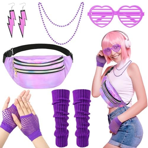 ViEinkaufen Déguisement des années 80 pour femme, ensemble de costumes des années 90, sac banane, jambières, gants en résille, gants, lunettes de soleil, boucles d'oreilles, collier, accessoires de