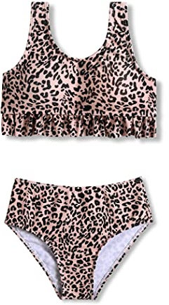 Arshiner Mädchen Bikini Sommer Leopard Bademode Rüschen Bustier Bikinislip 2-Teilig Badeanzug Kinder Strand Tankini Set Schwimmanzug Badebekleidung 160/13-14 Jahre