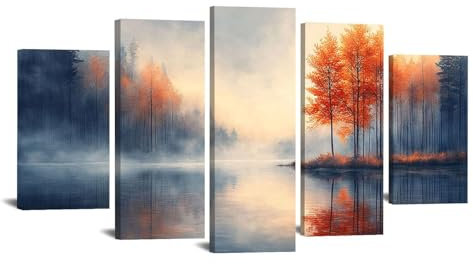 JosuE Orange, grau 5 Teilig Wald Bilder Wohnzimmer Leinwand, Minimalistischer Baumsee Bilder Wohnzimmer Bilder, Poster, Kunstdrucke-100x200cm Gerahmt