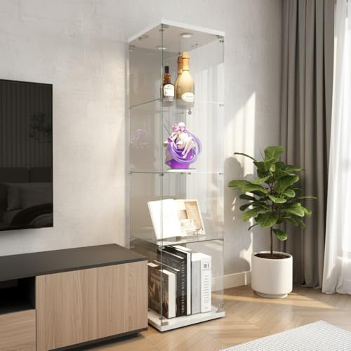 Vitrine en verre avec éclairage LED - Vitrine miroir - Vitrine moderne sur pied pour salon, bureau, objets de collection, livres, vin (4 étages, 1 porte + LED effet miroir, blanc)