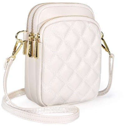 LUKUBGG Handytasche zum Umhängen, PU Leder Handy Umhängetasche Damen, Cremeweiß große Kapazität Handytasche mit Geldbörse zum Umhängen, Gesteppte Kleine Handtasche Damen