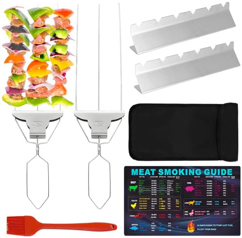 2Pcs 3 Way Grill Skewers, Stainless Steel BBQ Grill Skewers with Brush, Stand, Easy to Push Bar Slider Grill Sticks for Outdoor Barbecue/Chicken/Sausages/Veggies