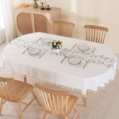 SUCHDECO Tischdecke Oval Beige Tischdecken Baumwolle Leinen mit Grün Sticken Blätter & Quaste Tischtuch Küchentischdecke Tischwäsche Gartentischdecke für Geburtstag Party Hochzeit, 140x180 cm