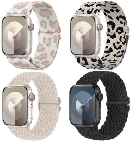 Delidigi 4 Piezas Trenzada Correas Compatibles con Apple Watch 42mm 44mm 45mm 46mm 49mm Mujer, Correa de Reemplazo Estirables Elásticos para iWatch Series 11 10 9 8 7 6 5 4 3 2 1/SE 3 2 1/Ultra 3 2 1