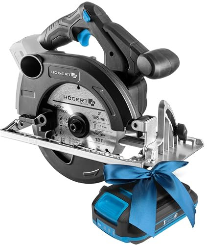 HÖGERT TECHNIK Akku-Handkreissäge 18V, bürstenloser Motor, kabellos, 0-5000 U/min, 165mm Scheibendurchmesser, werkzeuglose Einstellungen, LED, Aluminium-Schutz + PROMO 2,0 Ah