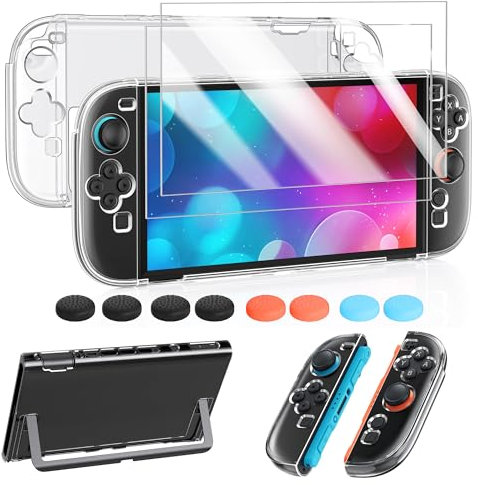 FYOUNG Protective Cover Case and Screen Protector for Nintendo Switch 2(2025) - 3-in-1 Accessories Bundle for Switch 2 - Crystal Clear Hard PC Shell, 2 Glass Film, 8 Thumb Grips (Not Dockable)