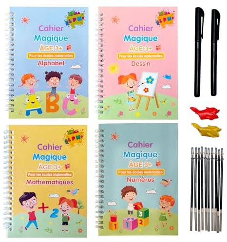CELIMS - 4 Cahier Ecriture Magique | Cahier Magique Ecriture Maternelle | Cahiers Cursive Rainure Pour Apprendre A Ecrire | Alphabet, Chiffres Et Calculs | Réutilisables | En Français