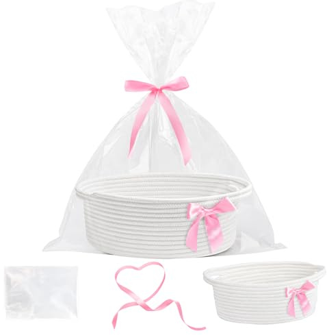 Yiomxhi Geschenkkorb Leer Präsentkorb mit Cellophantüte und Schleife, Geflochten Korb Aufbewahrung für Geschenke mit Griffen für Babyparty Hochzeit Geburtstag Weihnachten (Weiß)