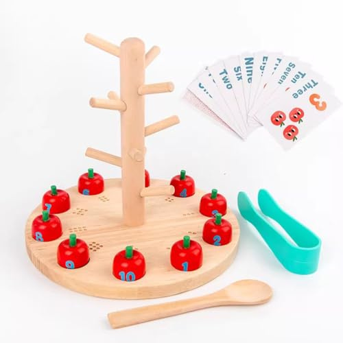 LLTCMYGS Wooden Apple Counting Tree Toy, Number Matching Clip Game