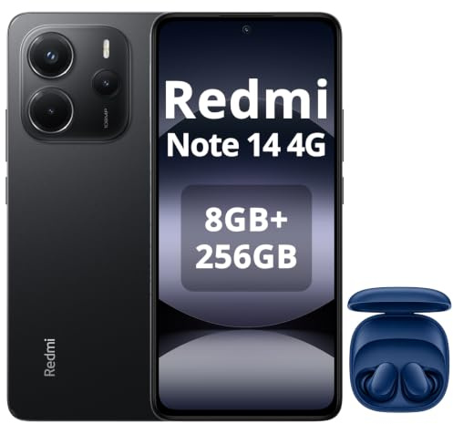 XIAOMI Redmi Note 14 - Smartphone de 8+256GB, Pantalla de 6.67 AMOLED FHD+ 120Hz, MediaTek Helio G99-Ultra, cámara de 108MP, 5500 mAh, Cargador no Incluido, Negro Incluye Auriculares Azules