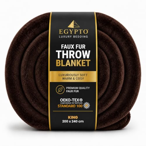 EGYPTO Fleece Blanket Faux Fur Throw for Bed & Sofa – Luxury Extra Soft Fur Brush Fabric – Warm & Cosy brown Blankets – Versatile Outdoor Blanket Faux Fur Throw King (200cm x 240cm, Chocolate Brown)
