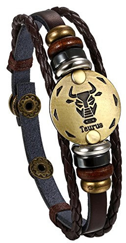 Flongo Leder Echtleder Armband Armreif Lederarmband Geflochten Braun Bronze Stier Sternzeichen Horoskop Tierkreis Sternbild Kugel Perle Surfer Wickeln Einstellbar Verstellbar Herren,Damen