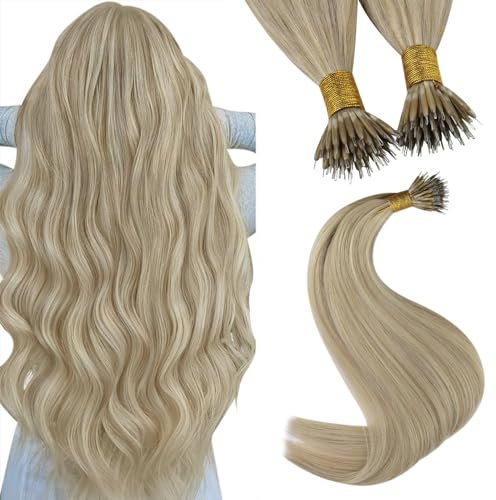 YoungSee Nanoring Extensions Echthaar Aschblond Nanoring Extensions Echthaar 35cm Nano Bondings Extension Aschblond mit Blond Nano Ring Haare 1g/s Nano-Beads Haarverlängerung 50g für Frauen #18/613