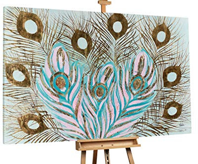 KunstLoft® XXL Gemälde 'Exotische Federn' 180x120cm | original handgemalte Bilder | Pfau Feder Türkis Rosa | Leinwand-Bild Ölgemälde einteilig groß | Modernes Kunst Ölbild