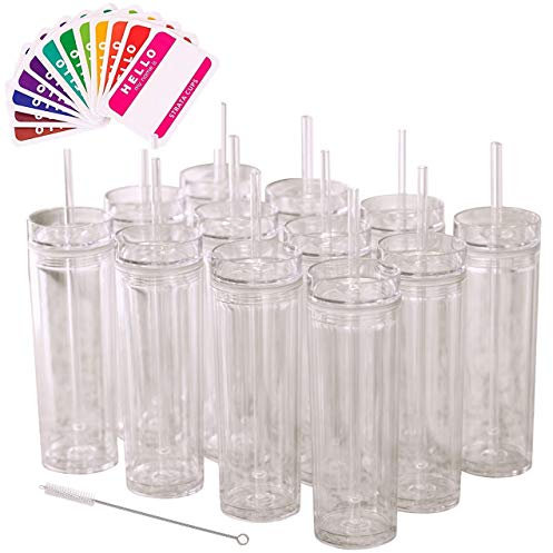 STRATA CUPS 24 Clear Skinny Tumblers with Lids and Straws | 16oz Reusable Cup Double-Wall Clear Tumbler with Lid and Straw, Durable Acrylic Tumblers With FREE Straw Cleaner & Name Tags