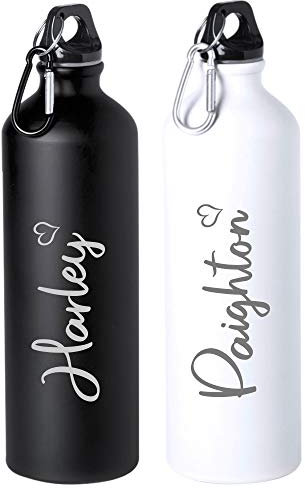 eBuyGB Personalised 800ml Stainless Steel Reusable BPA Free Matt Water Bottle with Carabiner Clip - Unisex Custom Name - Use for School, Gym, Outdoor, Yoga & Sports (White)