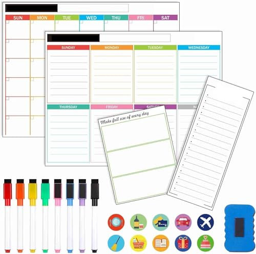 Feela Magnetischer Wochenplaner abwischbar, 4 Stück Whiteborad magnetisch, magnettafel kühlschrank inklusive 2 Monatsplaner abwischbar 43 x 33cm, 1 Einkaufsliste, 1 DIY-Notiz, To Do Liste Whiteboard