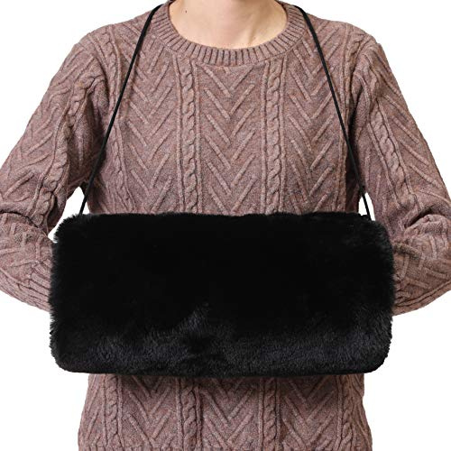Rulala Fancy Faux Fur Hand Muffs for Women Winter Warm Arm and Hand Warmer with PU Leather Strap Include Pockets(Black)