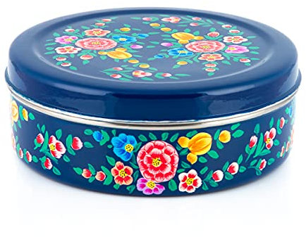 Indian-Tiffin Handpainted Blue Flower Masala Dabba - Airtight Spice Container - 7 pots
