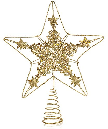 COM-FOUR® Deko Stern Weihnachten - Weihnachtsdekoration Stern aus Metall - Aufsteller Weihnachtsstern mit Glitzer - Goldfarbene Weihnachtsbaumspitze (goldfarben/28cm)