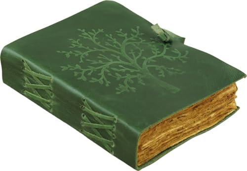 Tagebuch Skizzenbuch Notizbuch Gästebuch Sprüchebuch im Ledereinband und holzfreies Baumwoll-Papier Motiv Baum des Lebens in grün