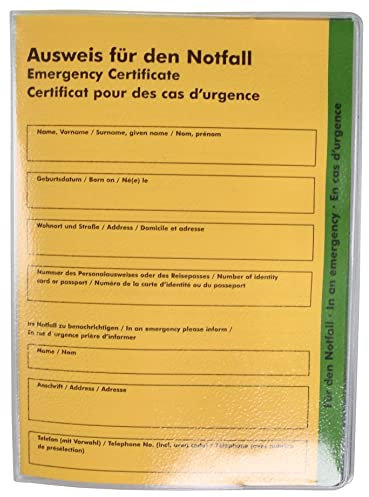 Internationaler Notfallpass + Schutzhülle transparent - Ausweis für den Notfall Deutsch/Englisch/Französisch/alle Gesundheitsrelevanten Angaben