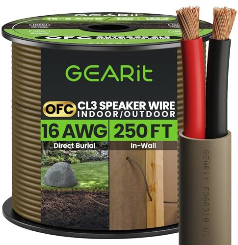 GEARit Lautsprecherkabel für den Außenbereich, 16 Gauge (250 Fuß), 16 AWG, für direkte Erdung, CL3, CL2, 2 Leiterdrähte, sauerstofffreies OFC-Kupfer, 76 m, Braun