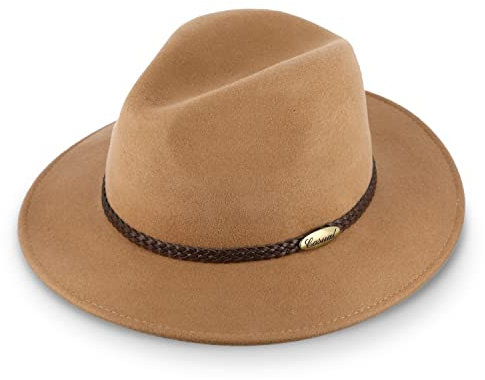 fiebig Casual Traveller Wollfilzhut | Crushable & Waterproof Rollhut mit geflochtener Lederbandgarnitur (59-L, Beige)