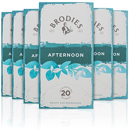 Brodies Afternoon Tea Tag and Envelope - 6 Tea Boxes of 20 Tea Bags (Total 120 Tea Bags) - Light and bright blend of fine Teas that can be drunk at any time of the day