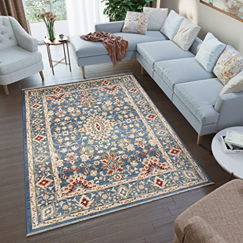 TAPISO Rivoli Teppich Kurzflor Traditioneller Teppich Fransen Blau Rot Beige Blumen Ornament Wohnzimmer Schlafzimmer Modern Design ÖKOTEX 120 x 170 cm