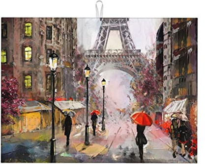 Street View of Paris Dish Drying Mat for Kitchen Counter Artistic Eiffel Tower Microfiber Absorbent Baby Bottle Drying Mat Purple Reversible Kitchenware Mat 18 x 24